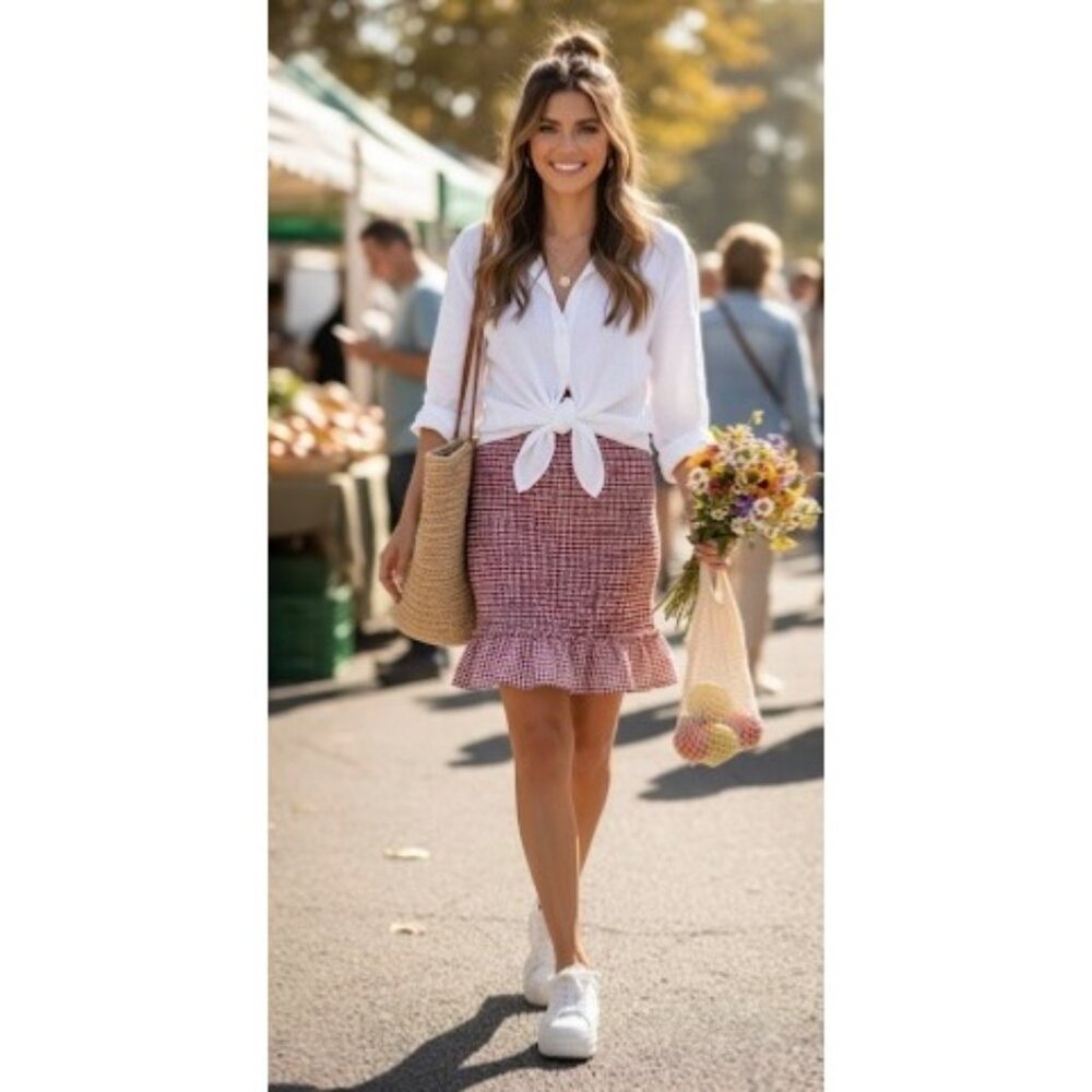 Caren Forbes Red & White Smocked Gingham Ruffle Hem Skirt | Cottagecore Peasant - Picture 1 of 9